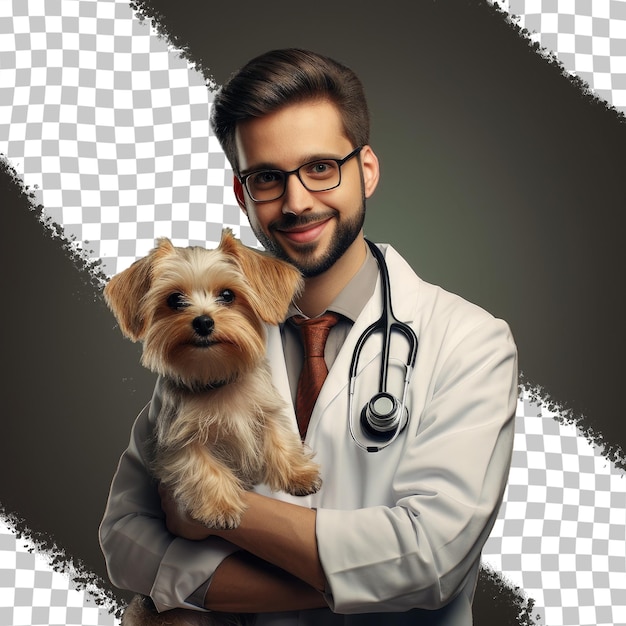 PSD un homme avec un chien et un stéthoscope sur la poitrine.