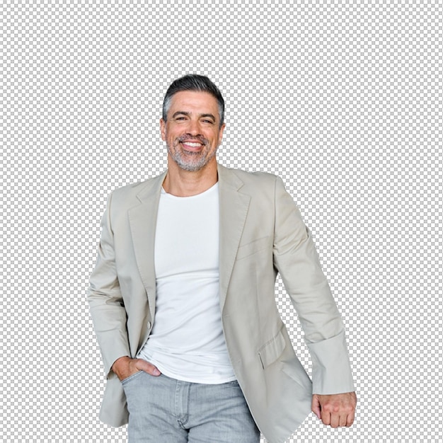 Un homme confiant dans une veste beige souriant à la caméra.