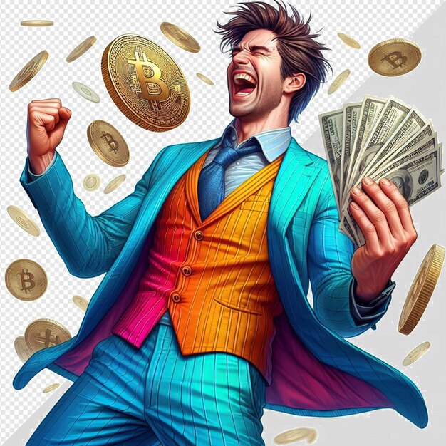PSD un homme en costume coloré célèbre l'argent et les bitcoins sur un fond transparent