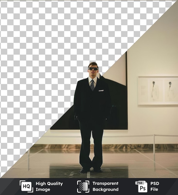 PSD un homme en costume se tient devant un un homme en costume portant une cravate noire et des lunettes de soleil sombres la scène est située contre un mur blanc et