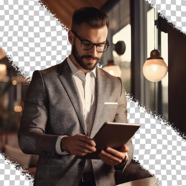 PSD un homme en costume avec une tablette dans les mains.