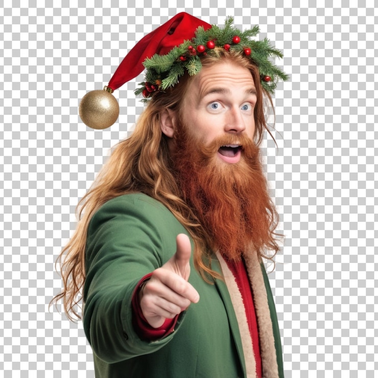 PSD un homme dans un chapeau de père noël pointant vers la gauche avec un chopeau de père noël sur