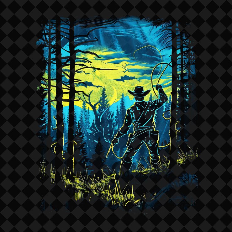 PSD un homme dans une forêt avec un fond bleu et jaune