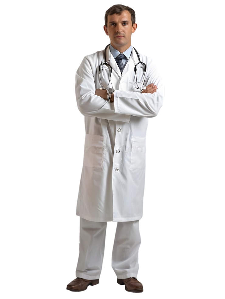 PSD un homme dans un manteau de laboratoire blanc se tient devant un fond blanc