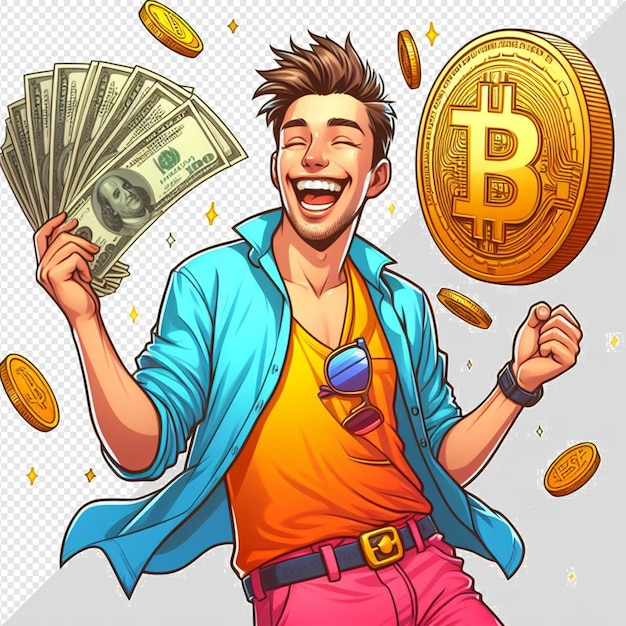 PSD un homme dans une tenue décontractée colorée célèbre l'argent et les bitcoins sur un fond transparent