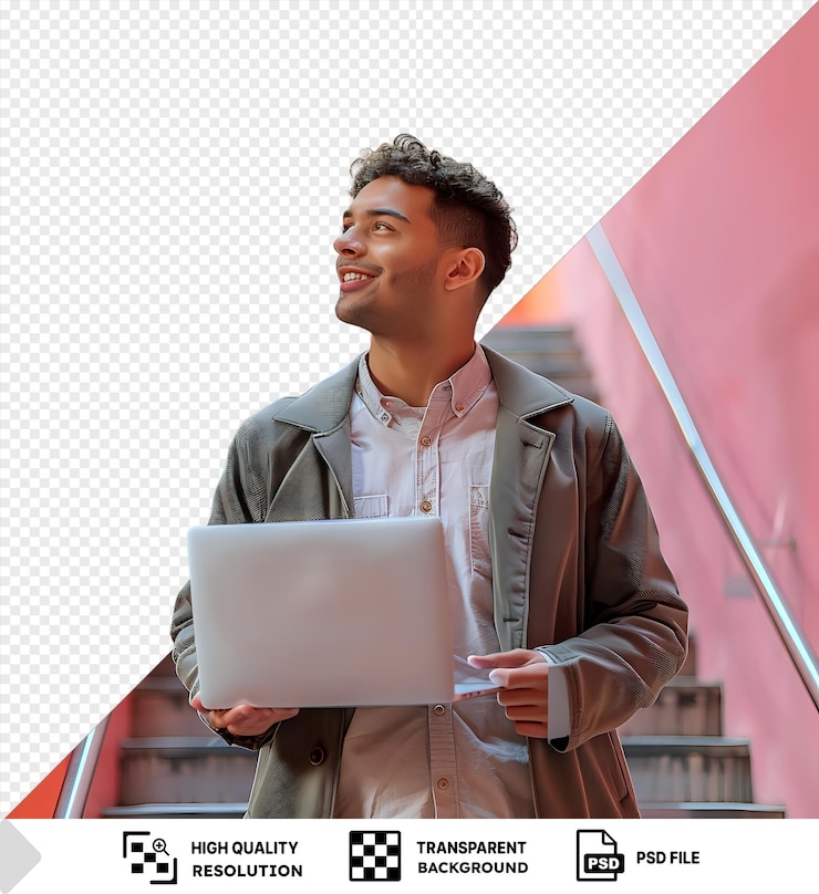 PSD un homme dans une veste brune et une chemise rose et blanche se tient devant un mur rouge tenant un ordinateur portable blanc dans sa main avec une fenêtre en verre en png psd