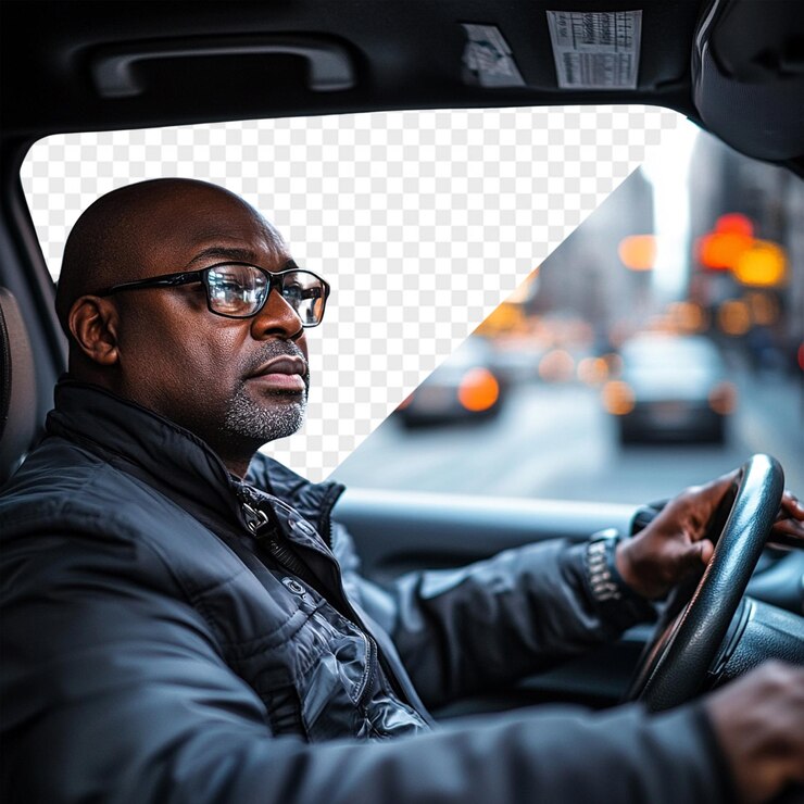 PSD un homme dans une voiture avec des lunettes et une veste