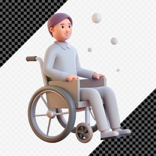 Homme de dessin animé 3D en fauteuil roulant avec des bulles flottantes