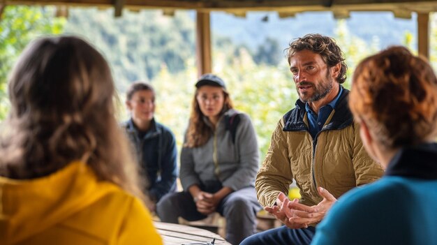 Un homme dirigeant une discussion de groupe à l'extérieur