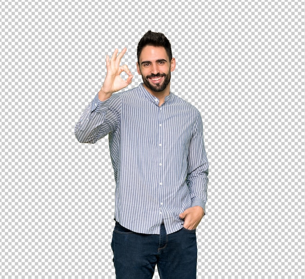 Homme élégant avec une chemise montrant un signe ok avec les doigts