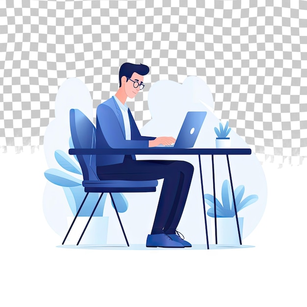 Un homme est assis devant un ordinateur Illustration adaptée aux applications mobiles d'entreprise isolée sur un fond transparent