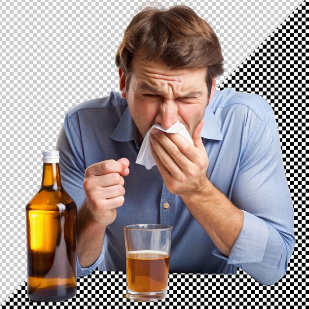 PSD homme éternuant avec une bouteille