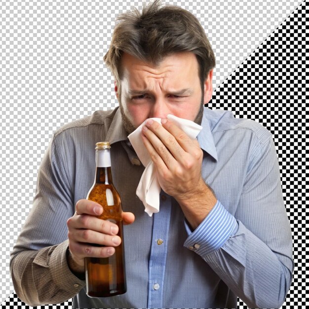 PSD homme éternuant avec une bouteille