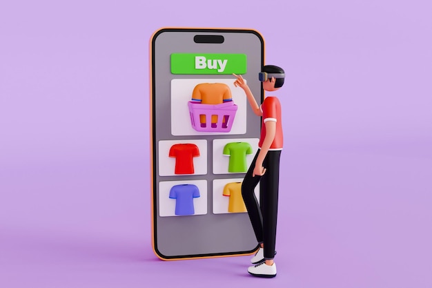 Un homme fait des achats en ligne en utilisant des lunettes VR Illustration 3D