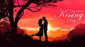 PSD un homme et une femme amoureux sur la silhouette de la nature un couple romantique sous un arbre bannière du jour du baiser