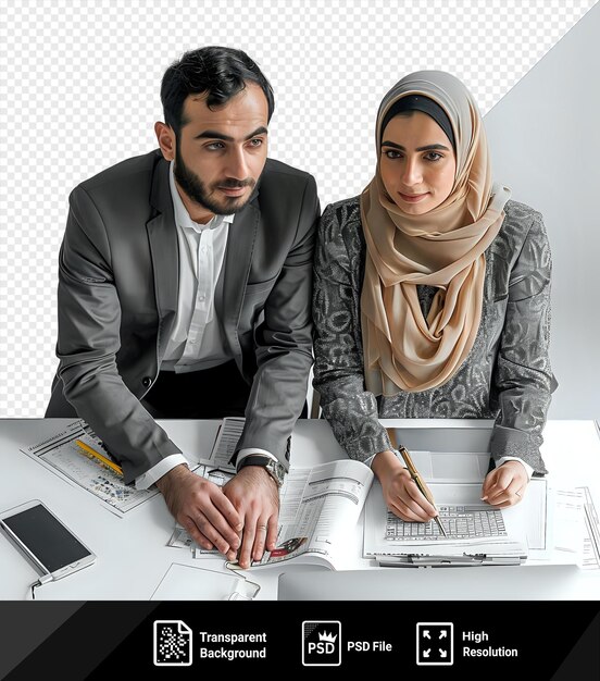 PSD homme et femme élégants uniques travaillant ensemble dans le bureau avec l'homme portant un costume gris et noir et des lunettes noires et la femme portant une chemise blanche et un foulard brun ils sont assis à un png