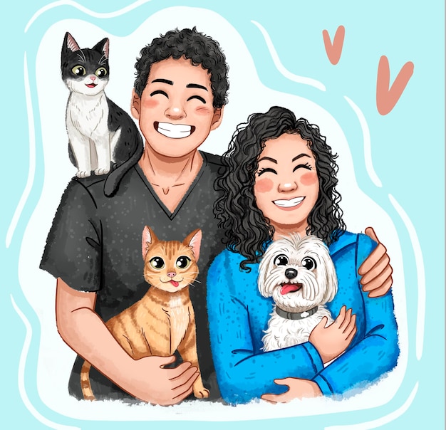 un homme et une femme posent pour une photo avec un chien et un chat sur leurs épaules