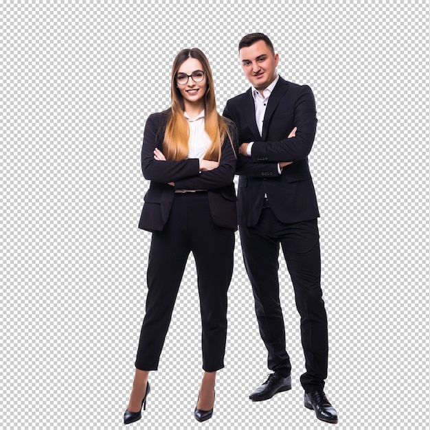 Un homme et une femme en suite noire sur le concept de bonne affaire blanche