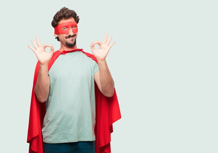 PSD homme fou comme un super héros faisant signe correct