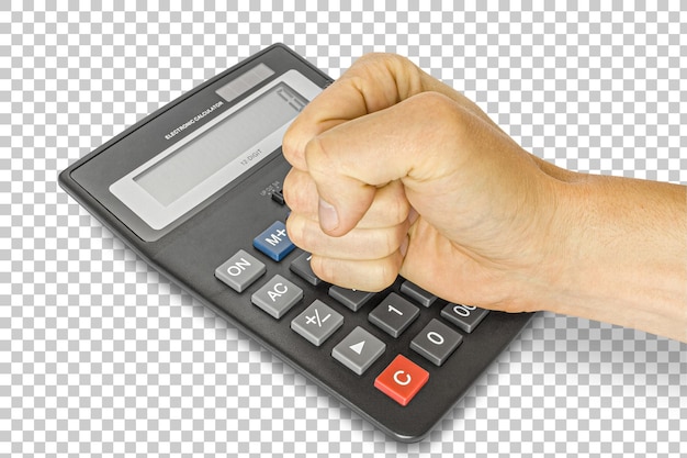 L'homme frappe du poing sur la calculatrice Finance concept png transparent