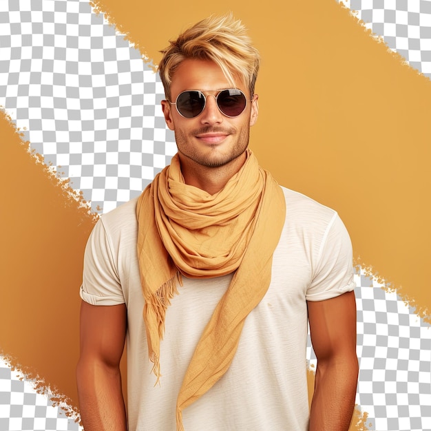 PSD homme gai blond à la mode, latin, portant une chemise beige, un foulard au cou et des lunettes de soleil isolées sur un fond ocre clair et transparent.