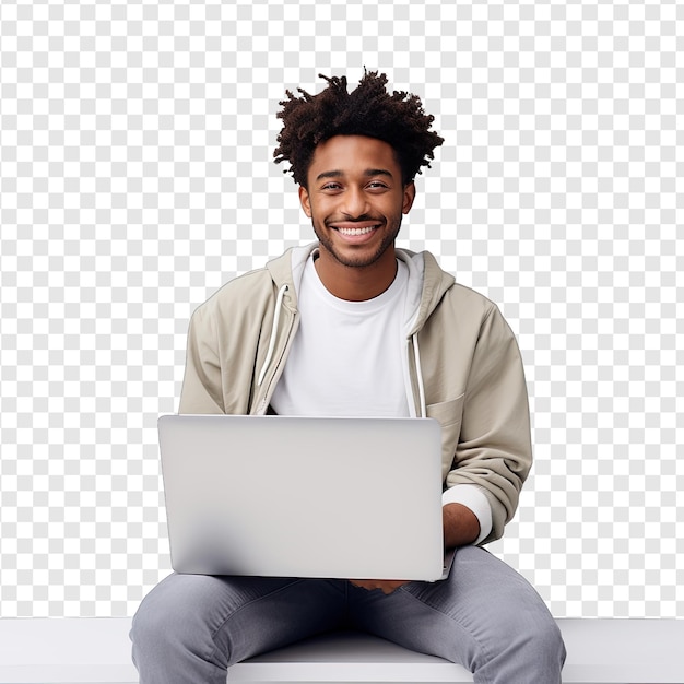 PSD un homme garde un ordinateur sur le fond transparent psd