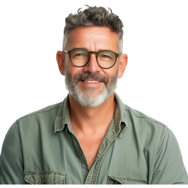 PSD un homme grisâtre d'âge moyen portant une chemise verte décontractée et des lunettes.