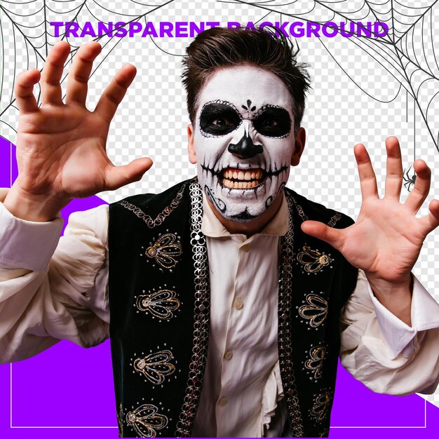 Un homme habillé pour Halloween en costume traditionnel mexicain effrayant avec un fond transparent