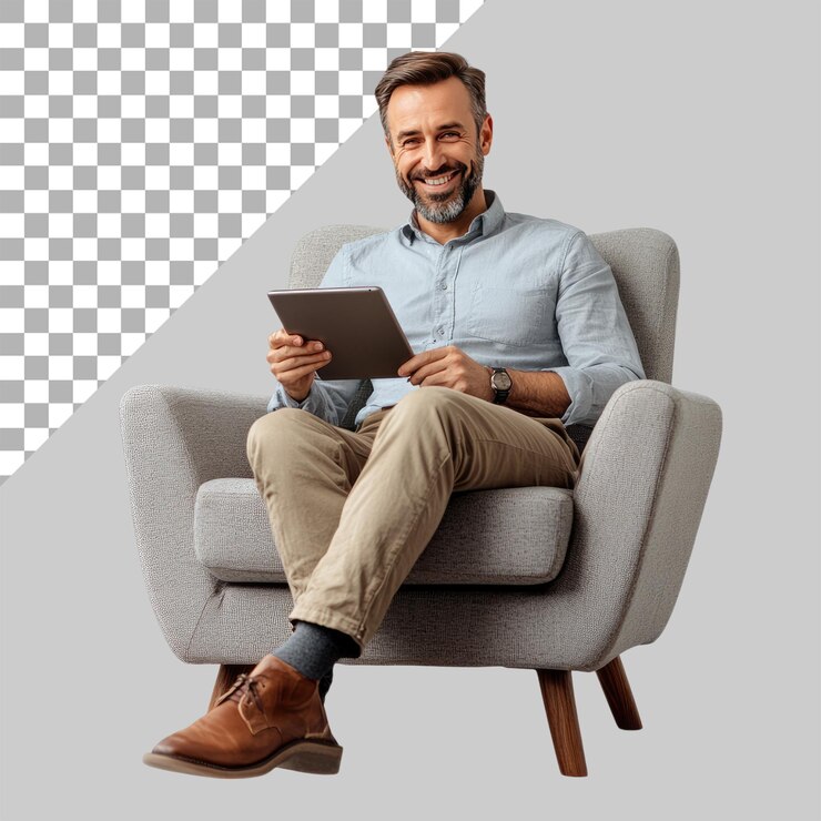 PSD un homme heureux assis sur un fauteuil avec les jambes croisées et tenant une tablette devant lui sur un fond transparent