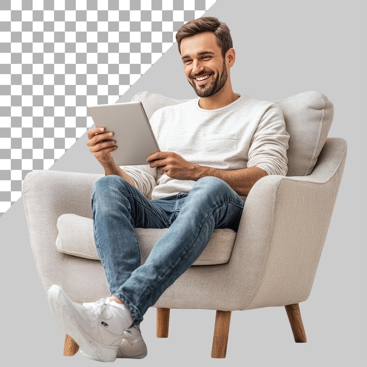 PSD un homme heureux assis sur un fauteuil avec les jambes croisées et tenant une tablette devant lui sur un fond transparent