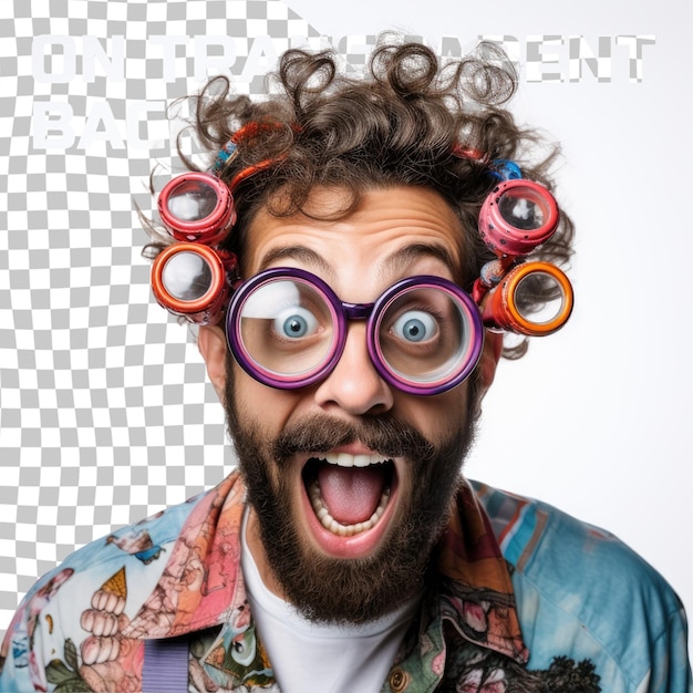 Un Homme Hipster Joyeux Avec Des Boucles Dans La Barbe Un Homme Surpris Avec Des Lunettes Regarde En Avant Isolé Sur Un Fond Transparent