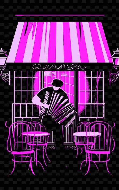 PSD un homme jouant d'un accordéon devant une fenêtre avec un fond rose et violet