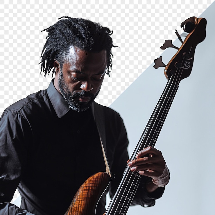 PSD un homme joue de la basse et porte une chemise qui dit " la basse "