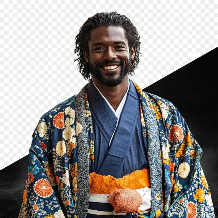 PSD un homme en kimono avec un kimono bleu sur sa poitrine
