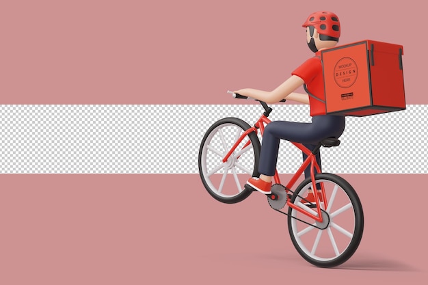 Homme de livraison de vélos de messagerie avec boîte à colis à l'arrière en rendu 3d