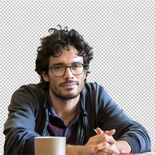 PSD un homme avec des lunettes est assis à une table avec une tasse de café