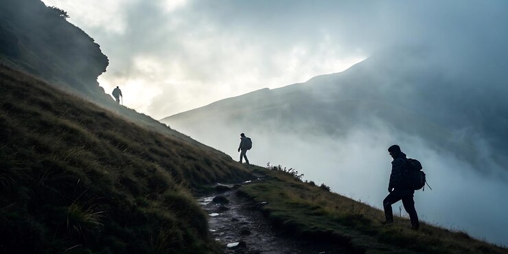 PSD un homme marche sur un sentier avec une montagne en arrière-plan