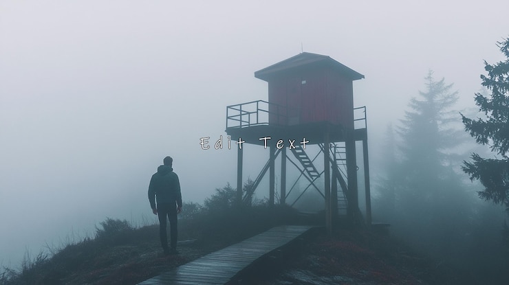 PSD un homme marche vers une tour de guet rouge dans un brouillard dense.