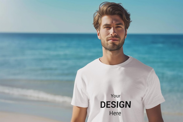 PSD un homme moderne portant un t-shirt blanc sur la mer arrière-plan