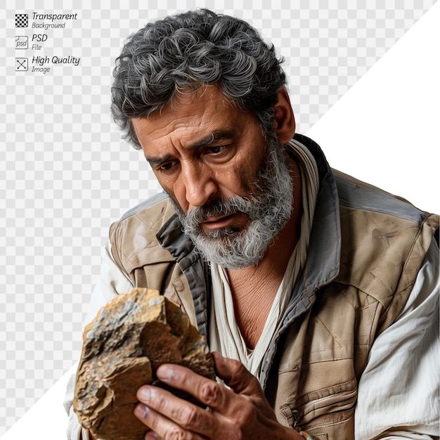 PSD un homme mûr examinant une roche avec une intense concentration et curiosité.