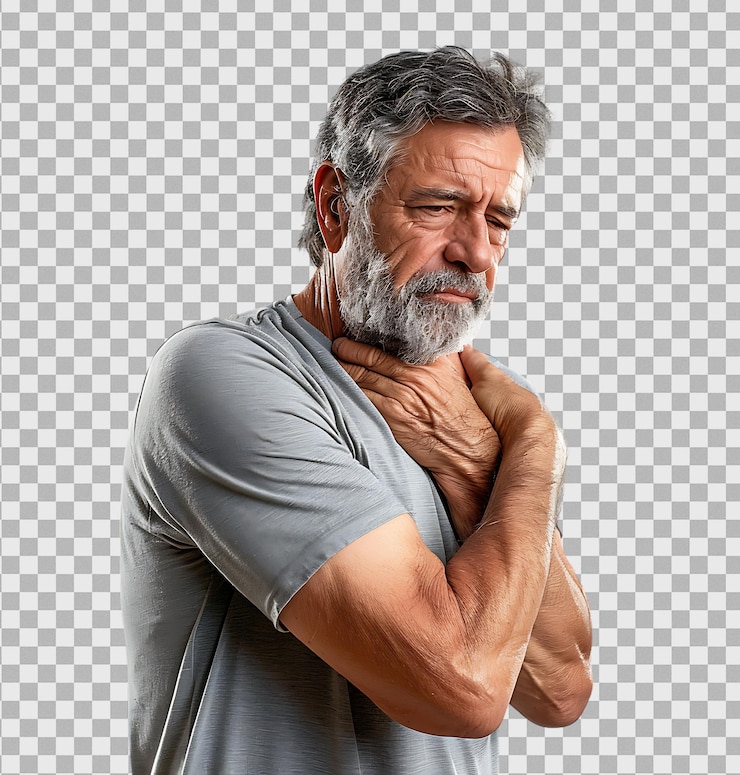 PSD homme mûr souffrant d'arthrite dans l'articulation de l'épaule douleur sur un fond transparent