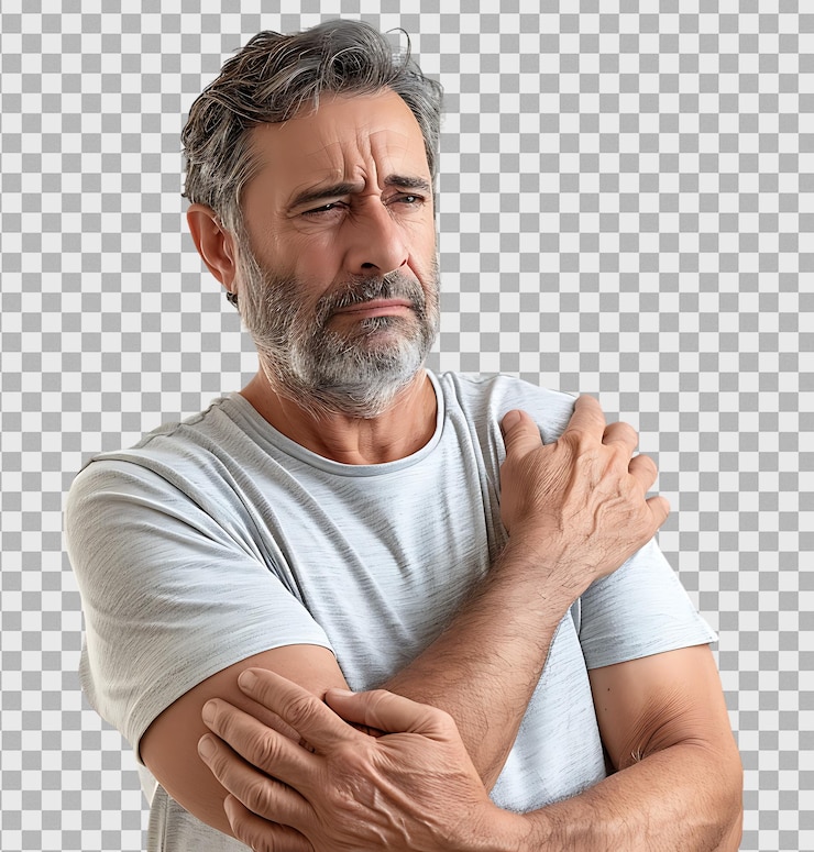 PSD homme mûr souffrant d'arthrite dans l'articulation de l'épaule douleur sur un fond transparent