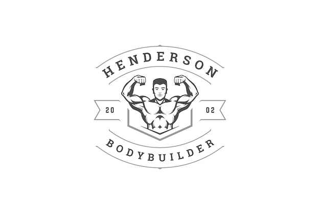 Un homme musclé performant avec des biceps, un club de fitness, un modèle de design de logo rétro.