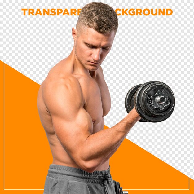 Un homme musclé soulevant des poids dans un gymnase avec un fond transparent