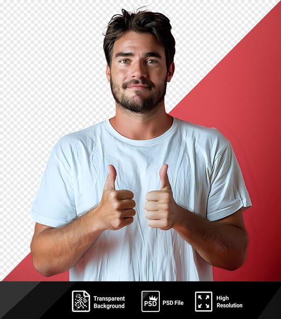 PSD un homme musclé transparent donnant les pouces en l'air devant un mur rouge portant une chemise blanche et une barbe noire et brune avec un bras et une main poilus visibles au premier plan png psd