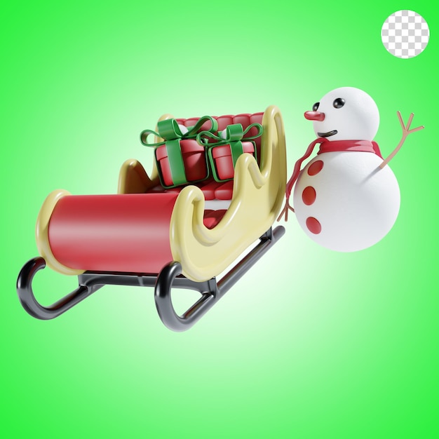 PSD homme de neige avec chariot de noël et cadeau illustration 3d