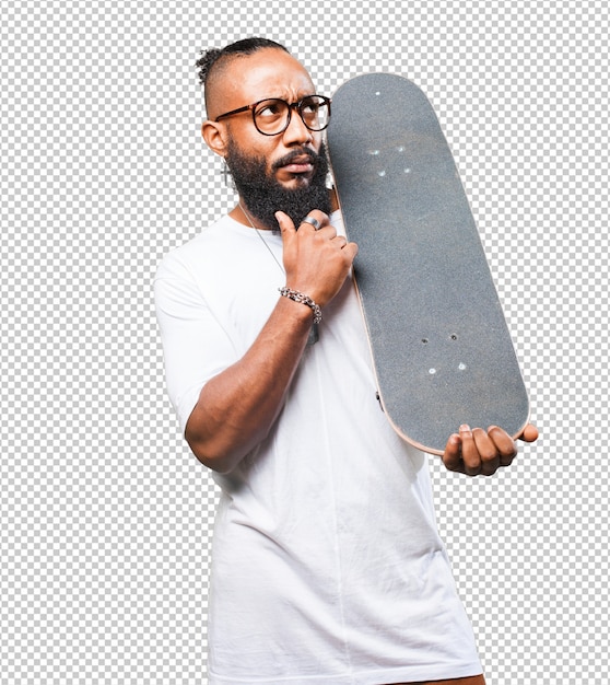 PSD homme noir pensant avec un skateboard