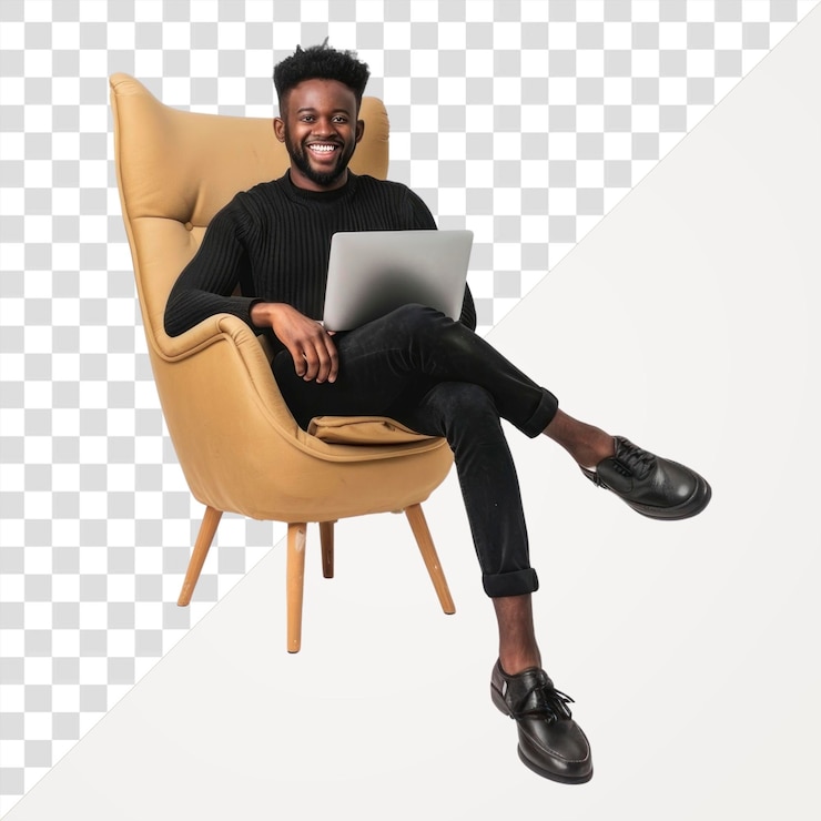PSD un homme noir de png sourit à une caméra avec une chaise d'ordinateur portable.