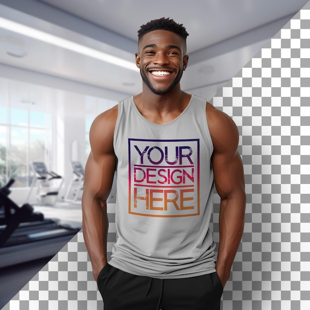 PSD l'homme noir en tank top photographie de gymnase entraînement routine t-shirt mock-up