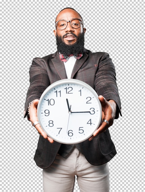 PSD homme noir tenant une grosse horloge